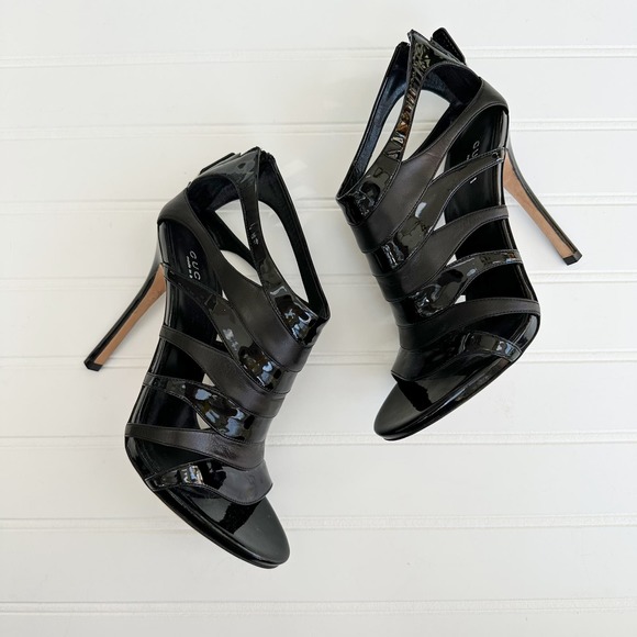 Gucci Strappy Patent Leather Heels Gladiator Black Open Toe - Picture 1 of 15